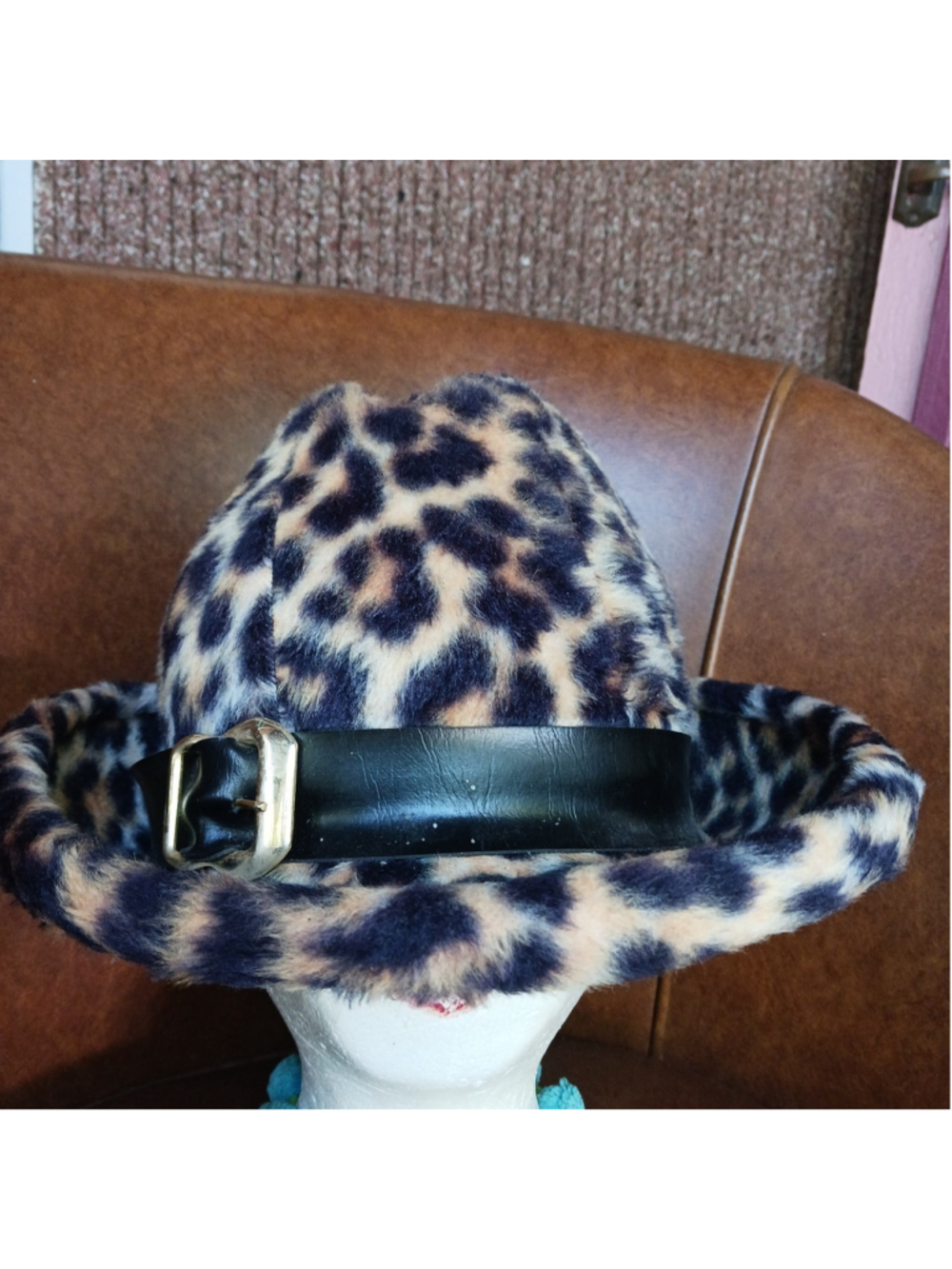 VTG Leopard Print Fedora Hat Black Belt Gold Buckle EUC 7" Interior Barnhh'